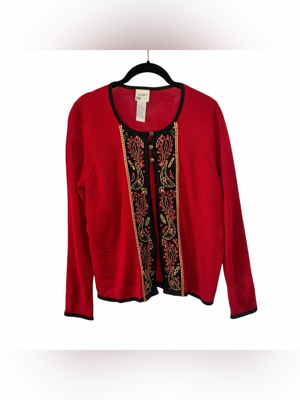 Koret Red MockTwinset Cardigan Wool Blend with Black Trim and Gold Embroidery